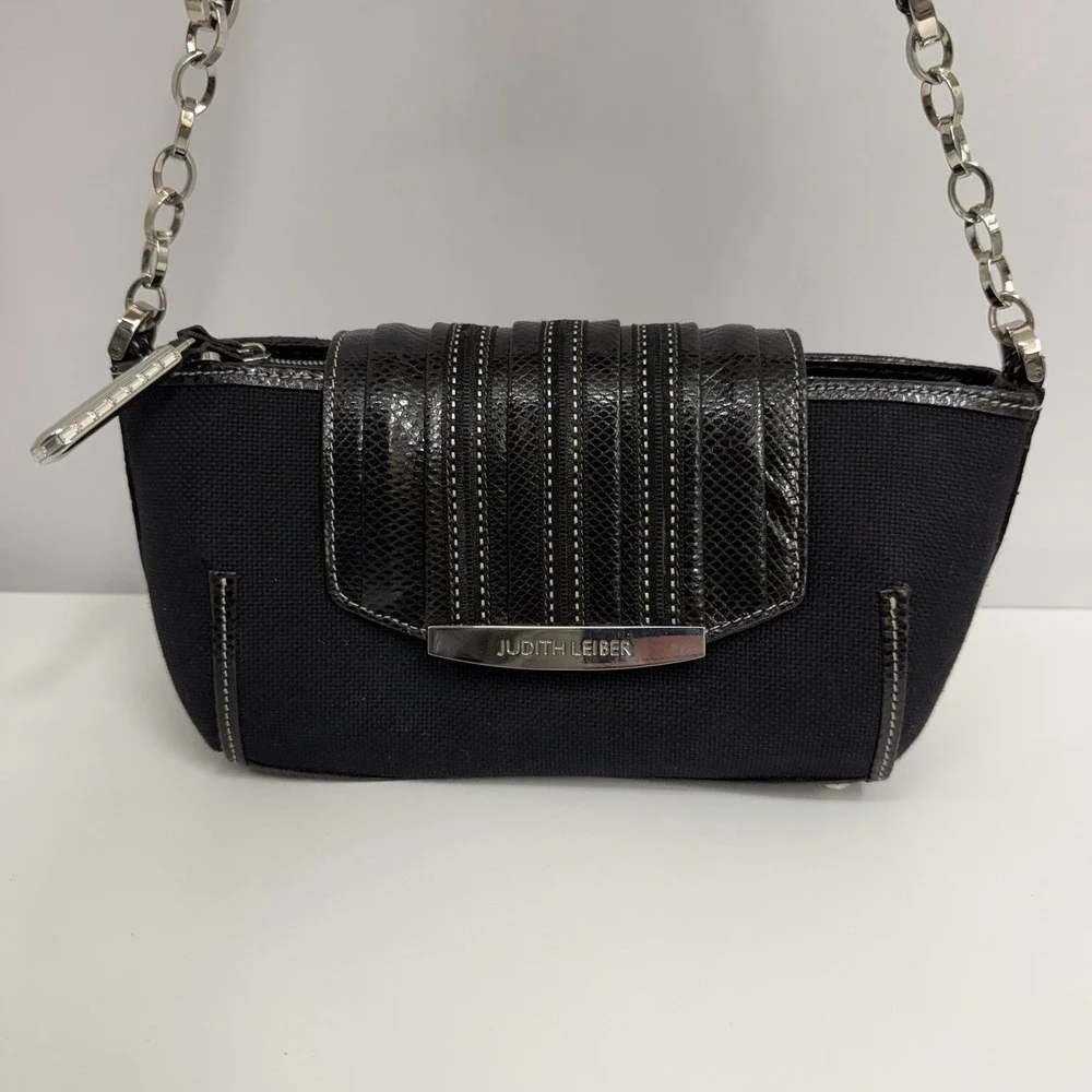 Judith Leiber Snakeskin and Fabric Purse Black Crystals Trim Mirror Change Pouch